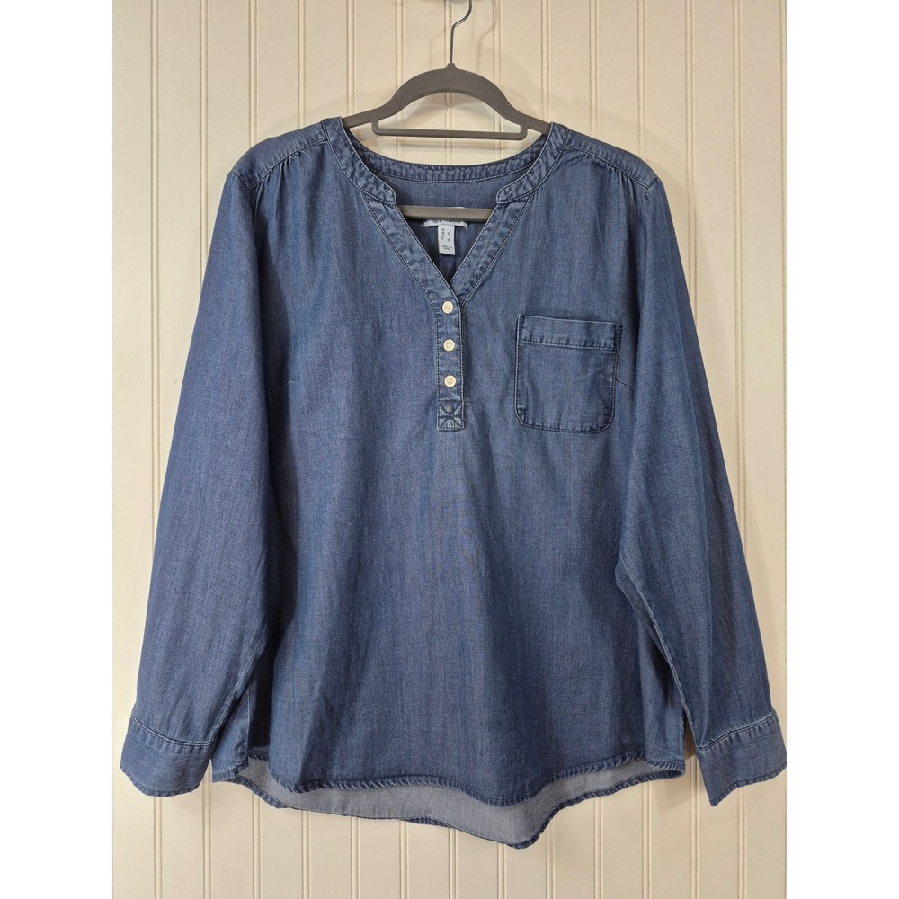 Denim & Co Blue Tencel Henley Tunic Blouse Large L Pocket V-Neck Long Sleeve